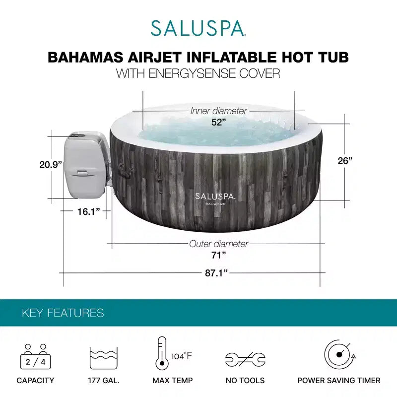 Bestway SaluSpa Bahamas, spa gonflable rond 2-4 personnes avec 120 AirJets, spa portable écoénergétique, 180 x 66 cm