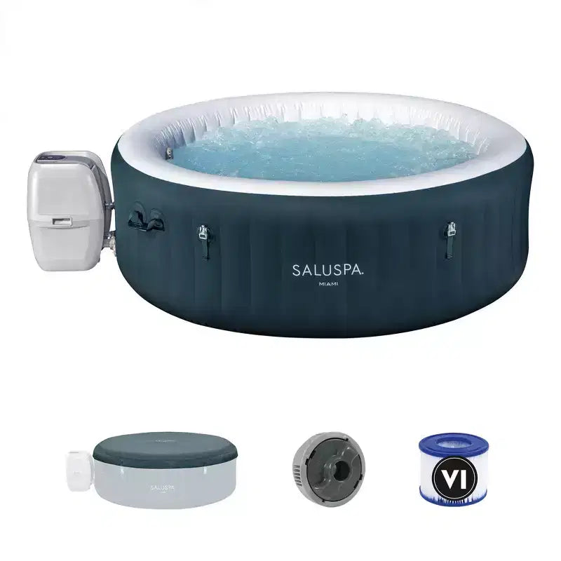 Bestway SaluSpa Miami AirJet 4-6 Person Inflatable Hot Tub Round Portable Outdoor Spa with 140 AirJets and EnergySense Energy Saving Cover, Dark Green