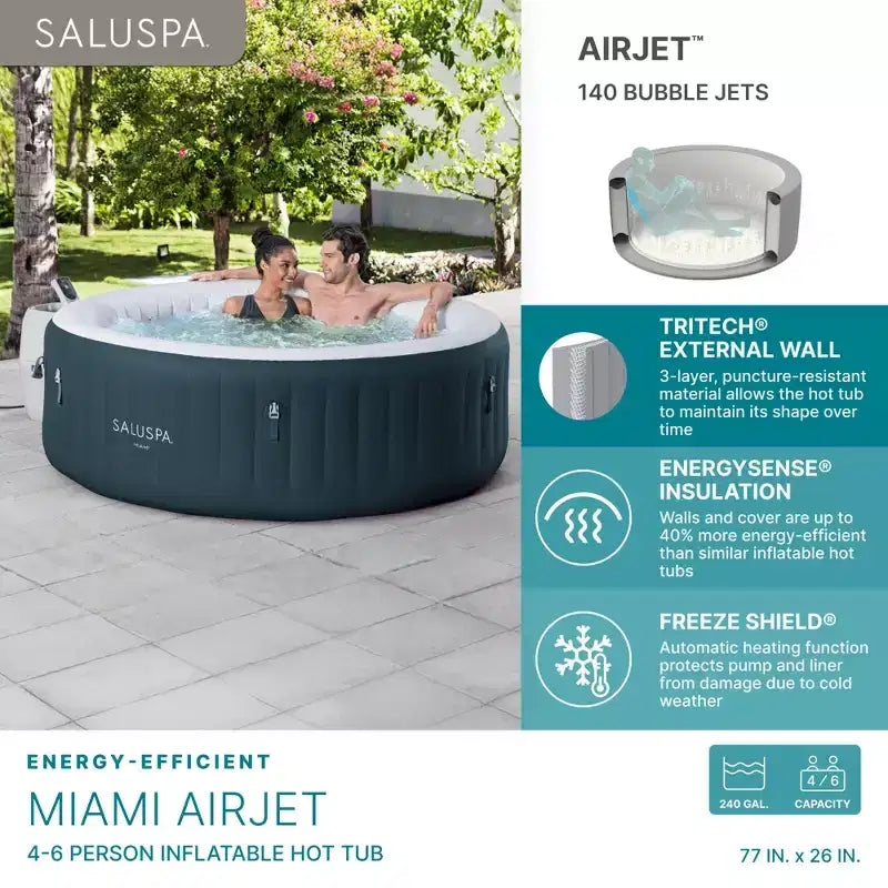 Bestway SaluSpa Miami AirJet Spa gonflable rond portable pour 4 à 6 personnes avec 140 AirJets et couverture EnergySense à économie d'énergie, vert foncé