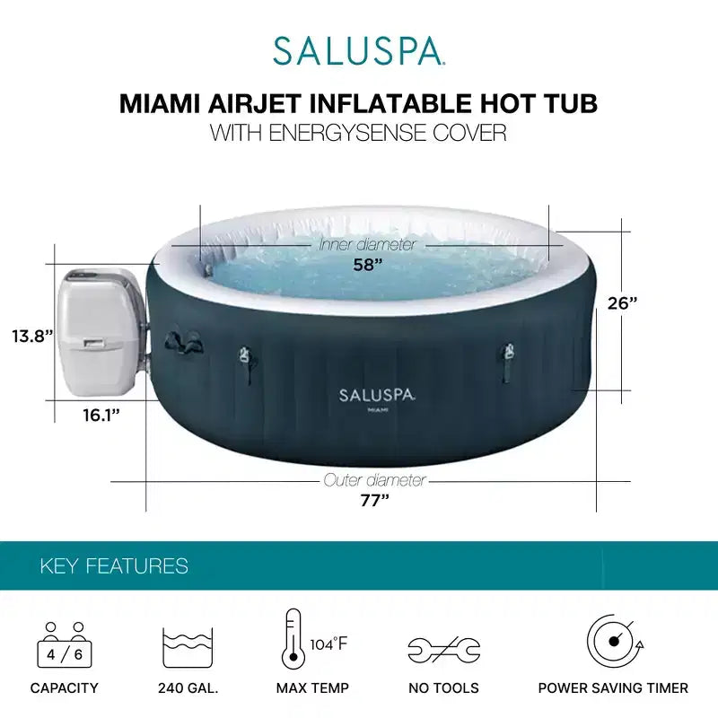 Bestway SaluSpa Miami AirJet Spa gonflable rond portable pour 4 à 6 personnes avec 140 AirJets et couverture EnergySense à économie d'énergie, vert foncé