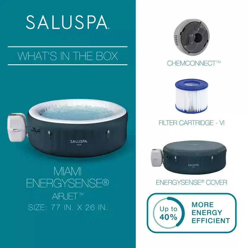 Bestway SaluSpa Miami AirJet Spa gonflable rond portable pour 4 à 6 personnes avec 140 AirJets et couverture EnergySense à économie d'énergie, vert foncé
