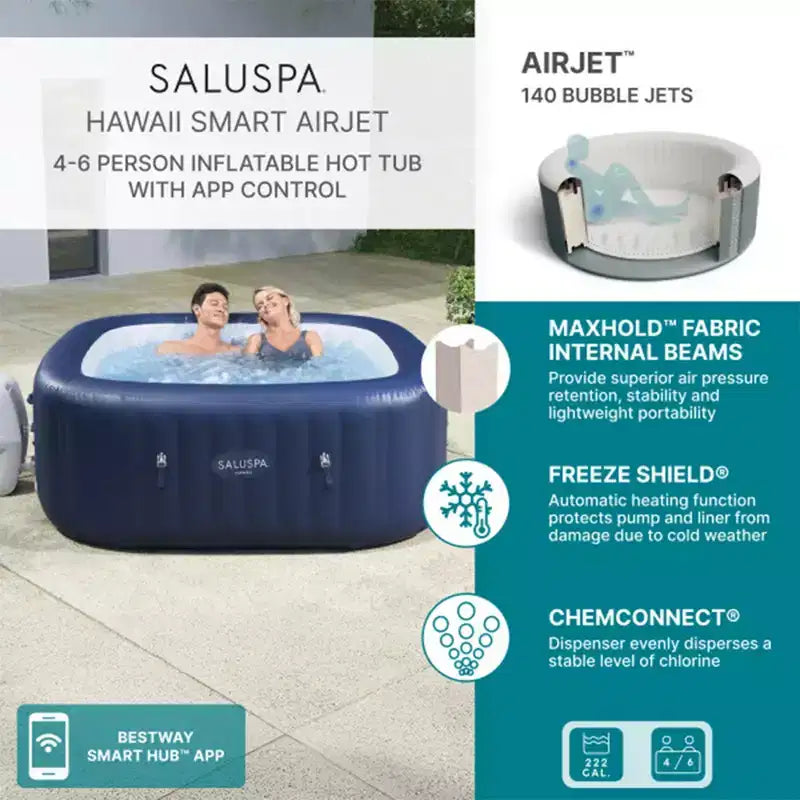 SaluSpa Hawaii Smart AirJet, spa gonflable avec contrôle par application, 140 jets, chauffage, filtre, spa portable pour 4 adultes, inclut une couverture et une pompe