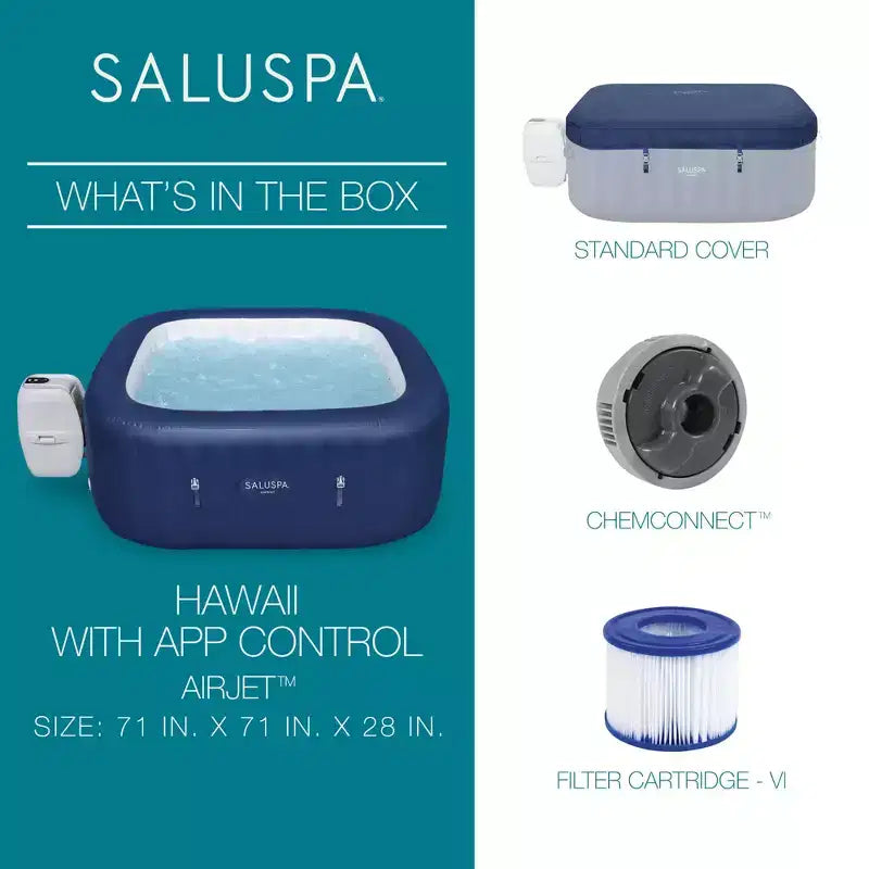 SaluSpa Hawaii Smart AirJet, spa gonflable avec contrôle par application, 140 jets, chauffage, filtre, spa portable pour 4 adultes, inclut une couverture et une pompe