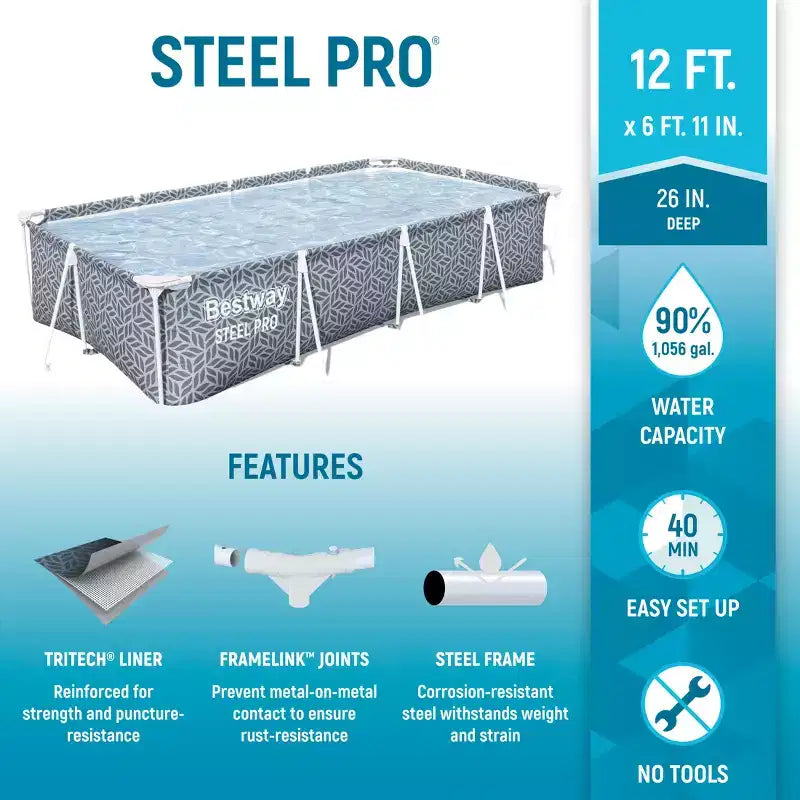 Piscine hors-sol rectangulaire Bestway Steel Pro pour jardin avec pompe filtrante de 1 249 litres, 3,66 m x 2,01 m x 66 cm, grise