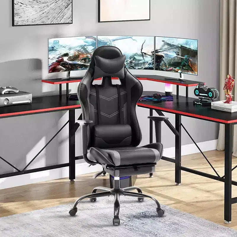 BestMassage Sedia da gaming per computer con supporto lombare e poggiapiedi, design girevole con ruote, sedia da ufficio per casa e gaming