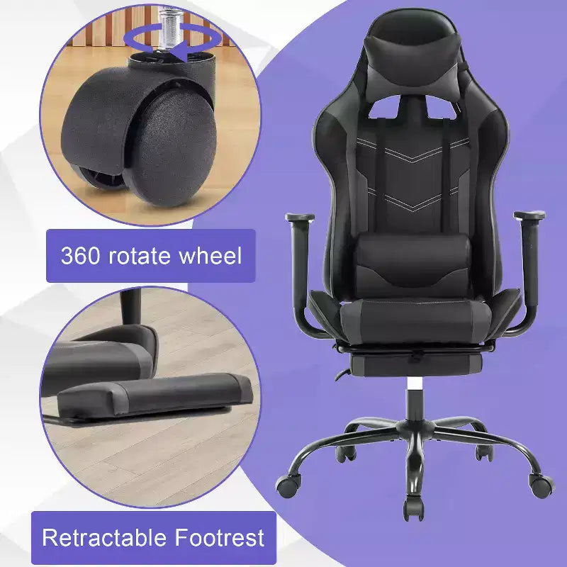 BestMassage Sedia da gaming per computer con supporto lombare e poggiapiedi, design girevole con ruote, sedia da ufficio per casa e gaming