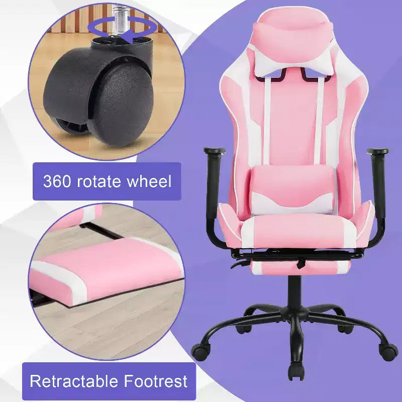 BestMassage Sedia da gaming per computer con supporto lombare e poggiapiedi, design girevole con ruote, sedia da ufficio per casa e gaming