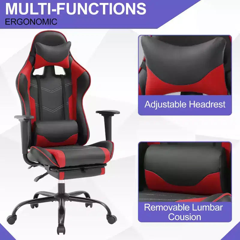 BestMassage Sedia da gaming per computer con supporto lombare e poggiapiedi, design girevole con ruote, sedia da ufficio per casa e gaming