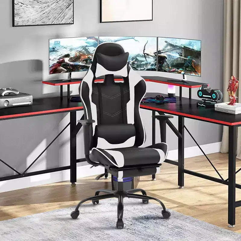 BestMassage Sedia da gaming per computer con supporto lombare e poggiapiedi, design girevole con ruote, sedia da ufficio per casa e gaming