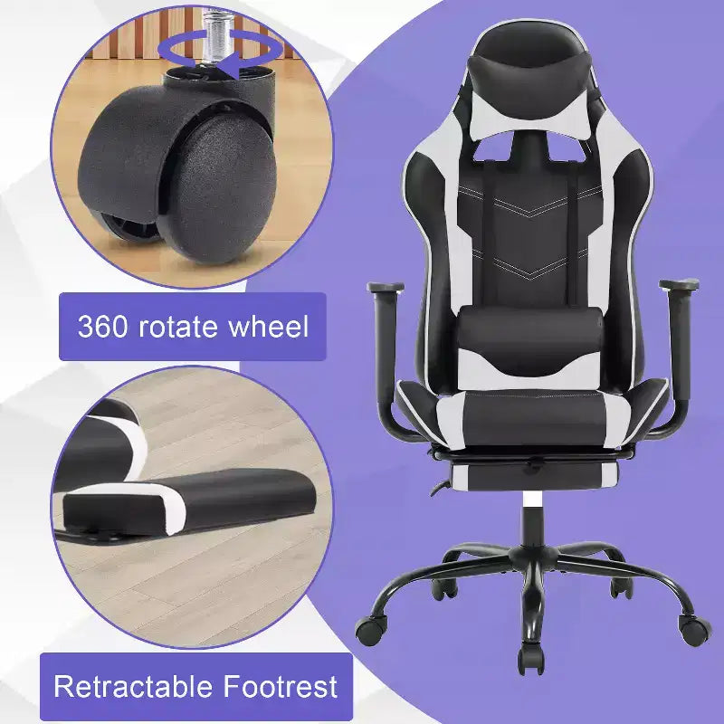BestMassage Sedia da gaming per computer con supporto lombare e poggiapiedi, design girevole con ruote, sedia da ufficio per casa e gaming