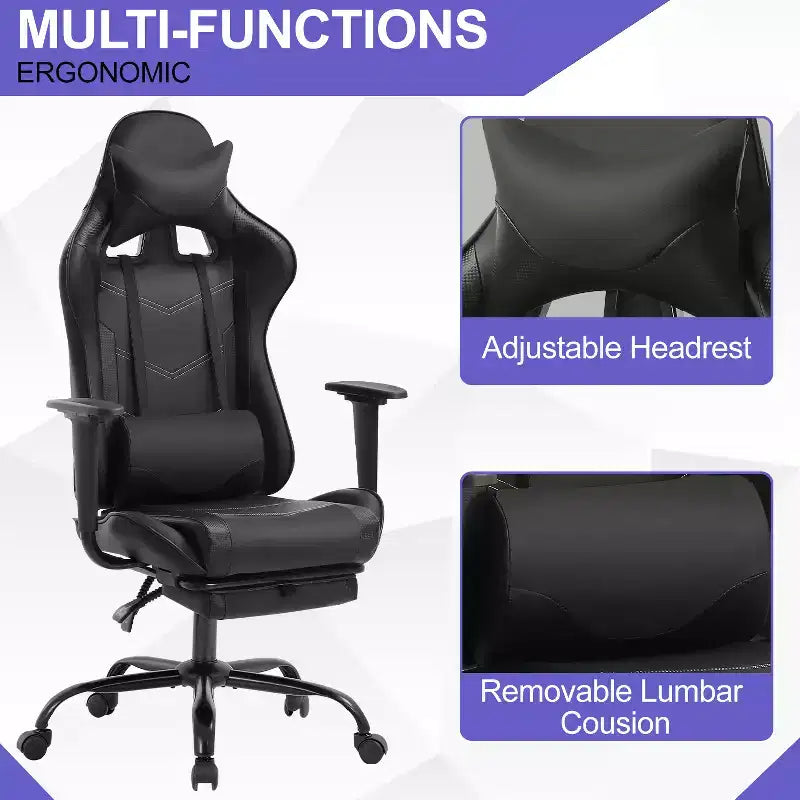 BestMassage Sedia da gaming per computer con supporto lombare e poggiapiedi, design girevole con ruote, sedia da ufficio per casa e gaming