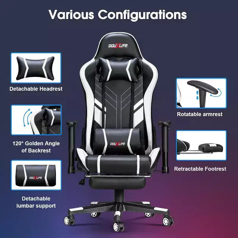 Douxlife Sedia da Gaming Ergonomica Moderna con Massaggio a 7 Punti, Poggiapiedi e Braccioli Regolabili Bianco Nero