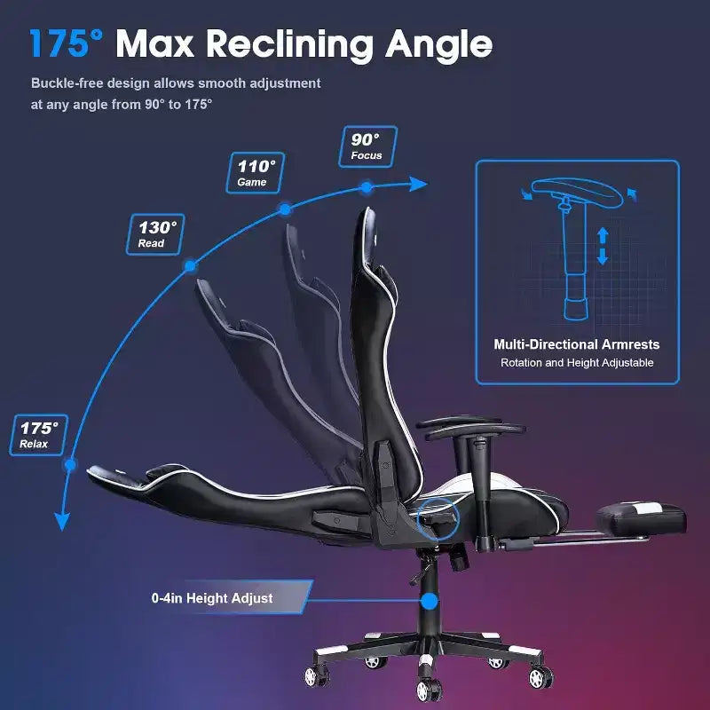 Douxlife Sedia da Gaming Ergonomica Moderna con Massaggio a 7 Punti, Poggiapiedi e Braccioli Regolabili Bianco Nero