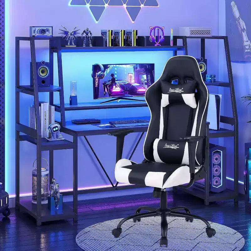 BestMassage Sedia Gaming Sedia da Ufficio con Supporto Lombare Poggiatesta Braccioli e Sedia Girevole con Rotelle per PC Gamer
