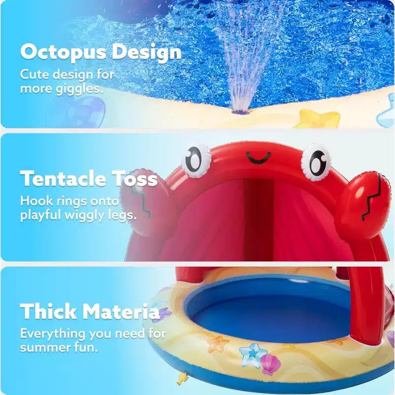 Piscine gonflable Joyfy Baby Pool avec arroseur, Piscine pour enfants Crabe Splash, Piscine gonflable pour bébé avec auvent, Jouets aquatiques d'été pour bébé en extérieur