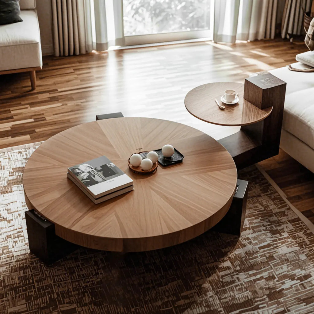 Table basse trépied ronde en bois noir et marron au style funky