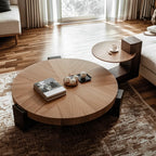 Table basse trépied ronde en bois noir et marron au style funky