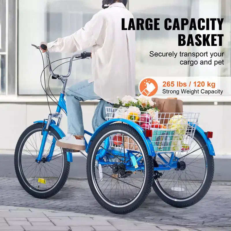 VEVOR Tricycle pliant adulte, Tricycle pliant adulte 24 pouces 7 vitesses, Vélo à 3 roues en acier au carbone avec panier et siège réglable