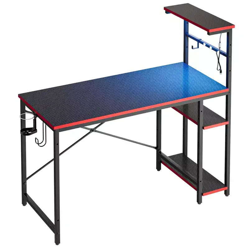 Bureau de jeu Bestier 112 cm avec éclairage LED RGB, étagères de rangement réversibles à 4 niveaux, crochets, porte-gobelet et aimants