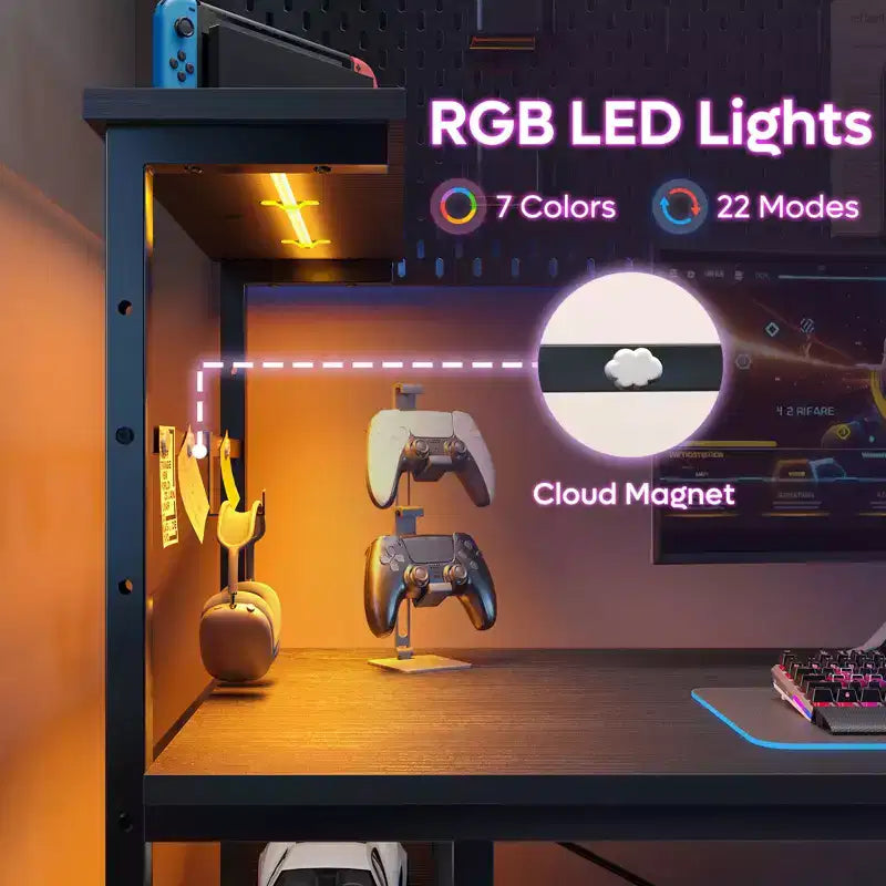 Bureau de jeu Bestier 112 cm avec éclairage LED RGB, étagères de rangement réversibles à 4 niveaux, crochets, porte-gobelet et aimants