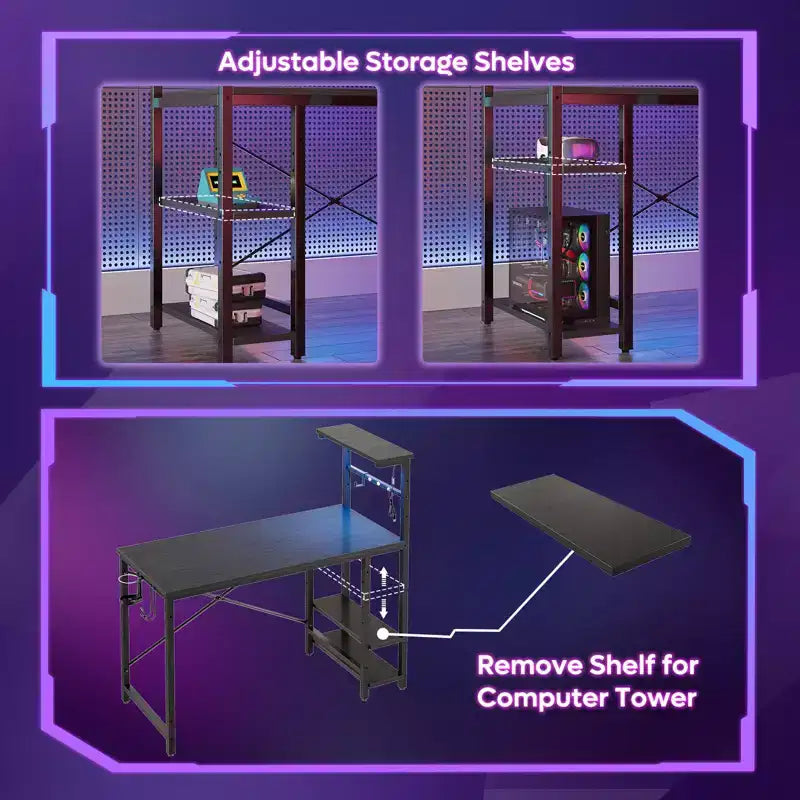 Bureau de jeu Bestier 112 cm avec éclairage LED RGB, étagères de rangement réversibles à 4 niveaux, crochets, porte-gobelet et aimants