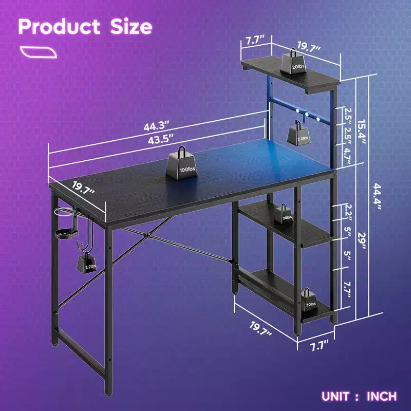 Bureau de jeu Bestier 112 cm avec éclairage LED RGB, étagères de rangement réversibles à 4 niveaux, crochets, porte-gobelet et aimants