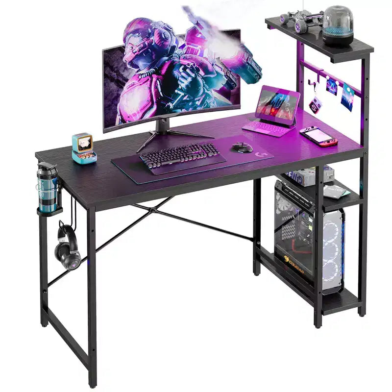 Bureau de jeu Bestier 112 cm avec éclairage LED RGB, étagères de rangement réversibles à 4 niveaux, crochets, porte-gobelet et aimants