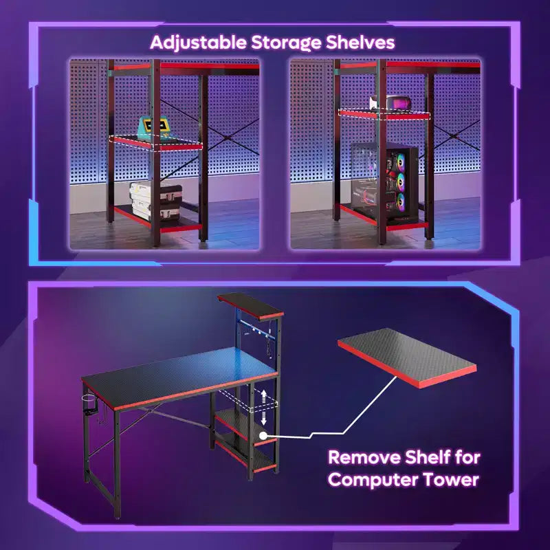 Bureau de jeu Bestier 112 cm avec éclairage LED RGB, étagères de rangement réversibles à 4 niveaux, crochets, porte-gobelet et aimants