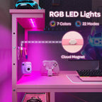 Bureau de jeu Bestier 112 cm avec éclairage LED RGB, étagères de rangement réversibles à 4 niveaux, crochets, porte-gobelet et aimants