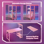 Bureau de jeu Bestier 112 cm avec éclairage LED RGB, étagères de rangement réversibles à 4 niveaux, crochets, porte-gobelet et aimants