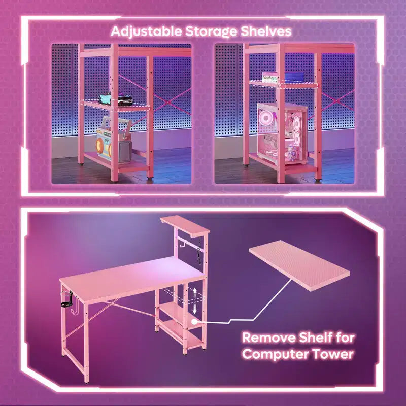 Bureau de jeu Bestier 112 cm avec éclairage LED RGB, étagères de rangement réversibles à 4 niveaux, crochets, porte-gobelet et aimants
