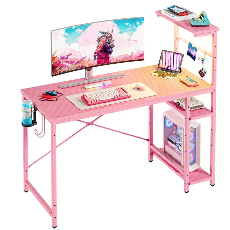 Bureau de jeu Bestier 112 cm avec éclairage LED RGB, étagères de rangement réversibles à 4 niveaux, crochets, porte-gobelet et aimants