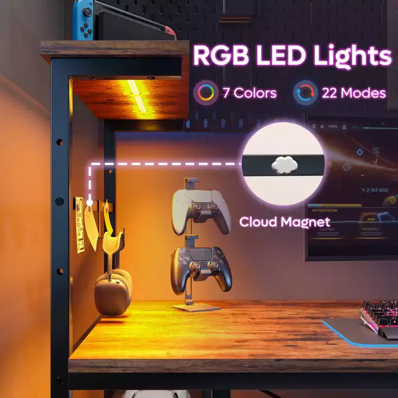 Bureau de jeu Bestier 112 cm avec éclairage LED RGB, étagères de rangement réversibles à 4 niveaux, crochets, porte-gobelet et aimants