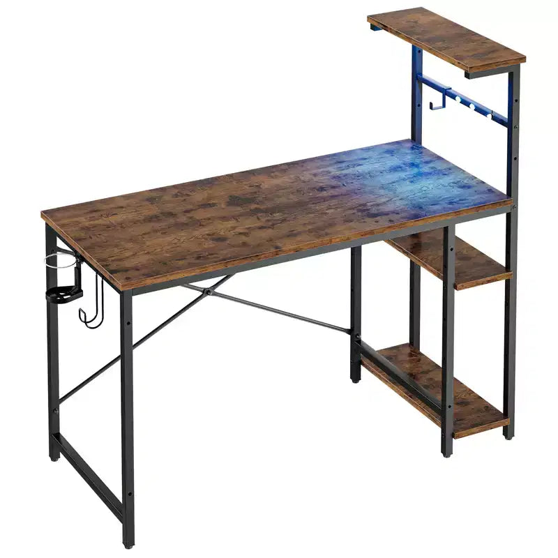 Bureau de jeu Bestier 112 cm avec éclairage LED RGB, étagères de rangement réversibles à 4 niveaux, crochets, porte-gobelet et aimants