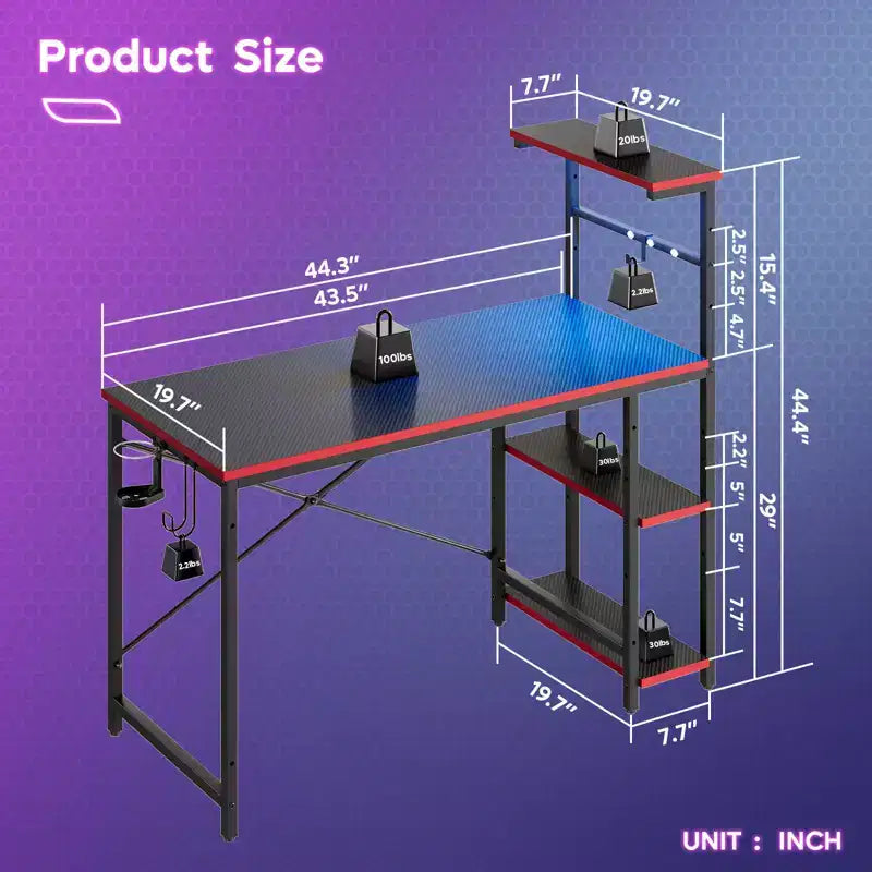 Bureau de jeu Bestier 112 cm avec éclairage LED RGB, étagères de rangement réversibles à 4 niveaux, crochets, porte-gobelet et aimants