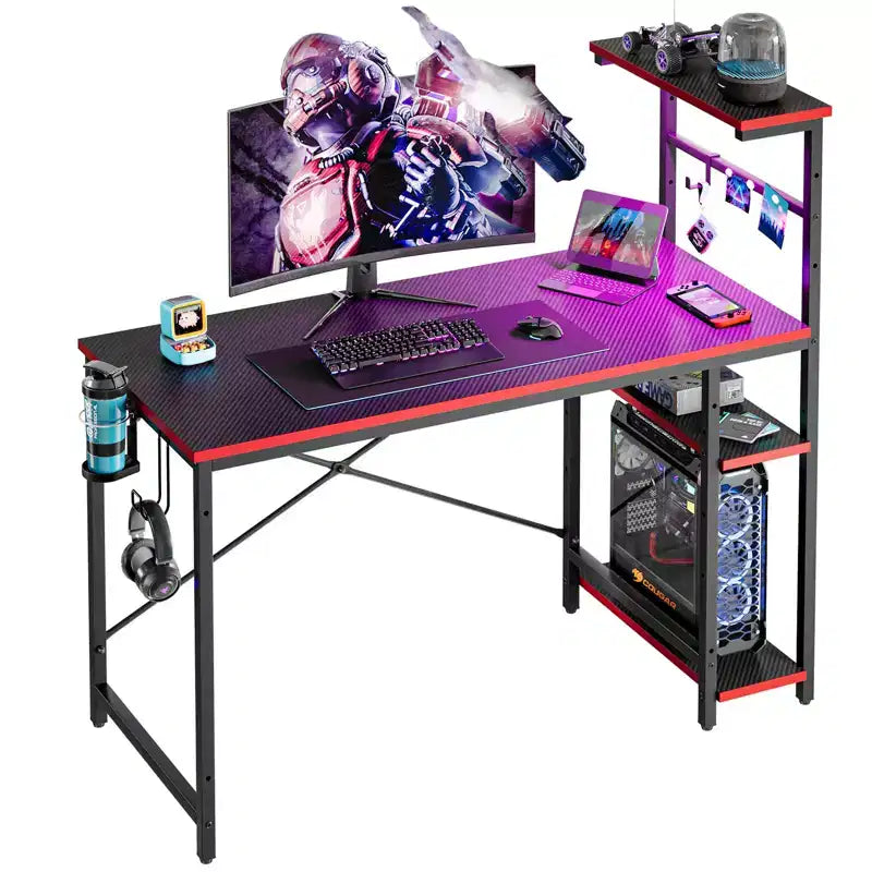 Bureau de jeu Bestier 112 cm avec éclairage LED RGB, étagères de rangement réversibles à 4 niveaux, crochets, porte-gobelet et aimants