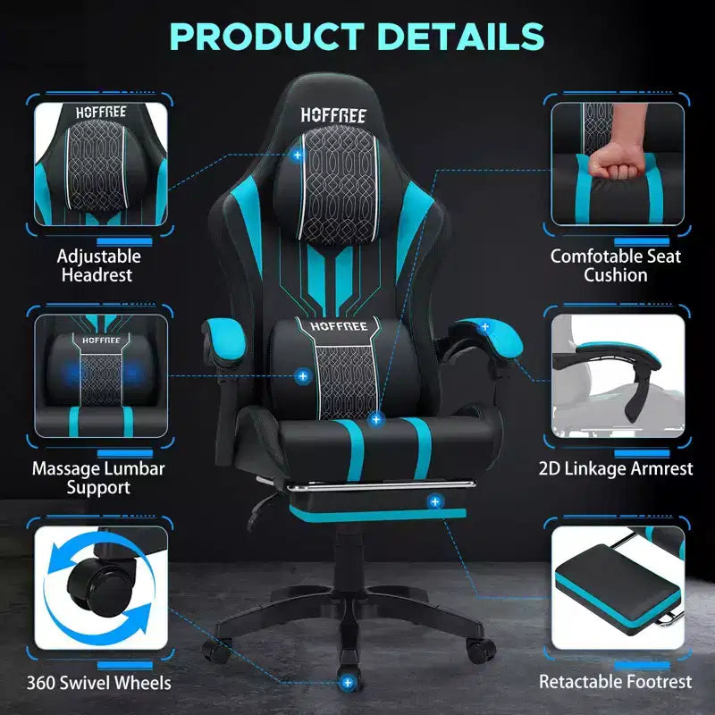 Fauteuil de massage et de jeu extra-large Hoffree, Fauteuil de bureau ergonomique pour PC avec repose-pieds et réglable