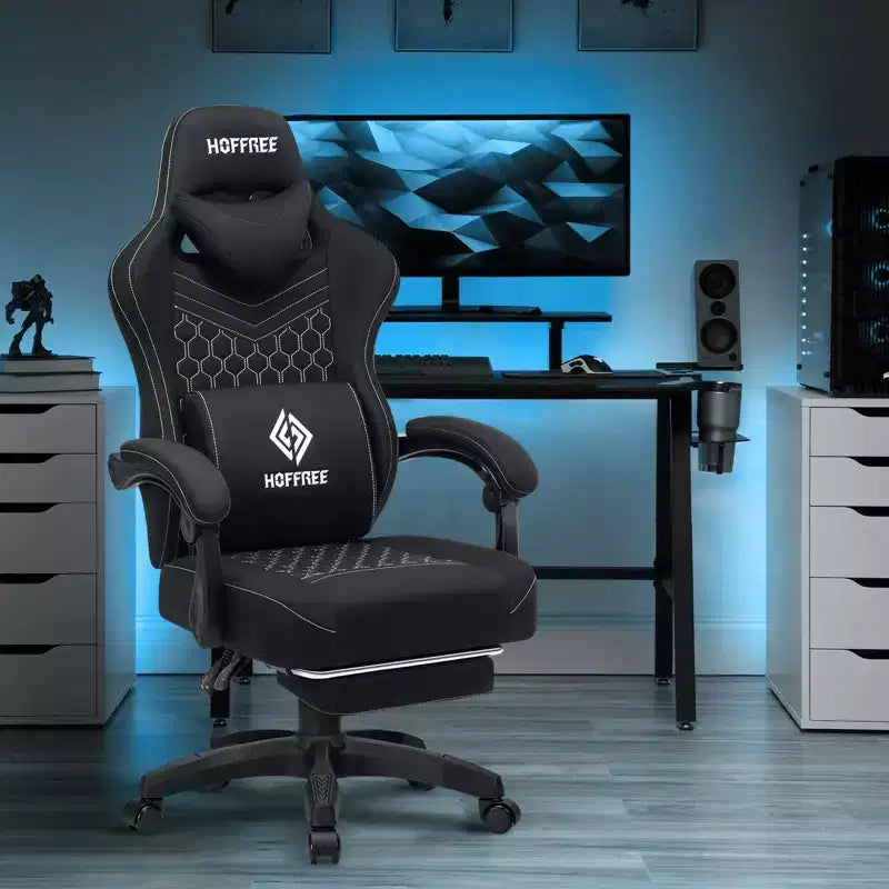 Sedia da gaming Hoffree traspirante con massaggio Sedia da ufficio ergonomica per PC con altoparlante Bluetooth e poggiapiedi