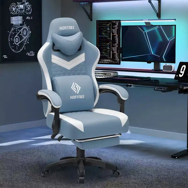 Sedia da gaming Hoffree traspirante con massaggio Sedia da ufficio ergonomica per PC con altoparlante Bluetooth e poggiapiedi