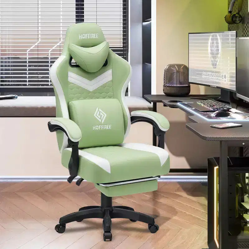 Sedia da gaming Hoffree traspirante con massaggio Sedia da ufficio ergonomica per PC con altoparlante Bluetooth e poggiapiedi