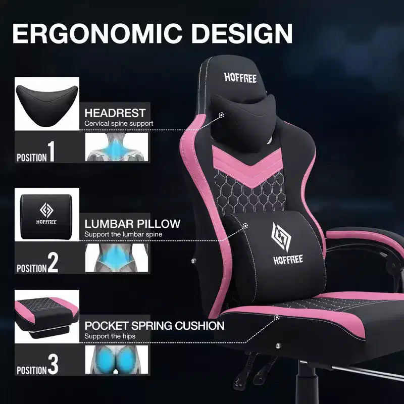 Sedia da gaming Hoffree traspirante con massaggio Sedia da ufficio ergonomica per PC con altoparlante Bluetooth e poggiapiedi