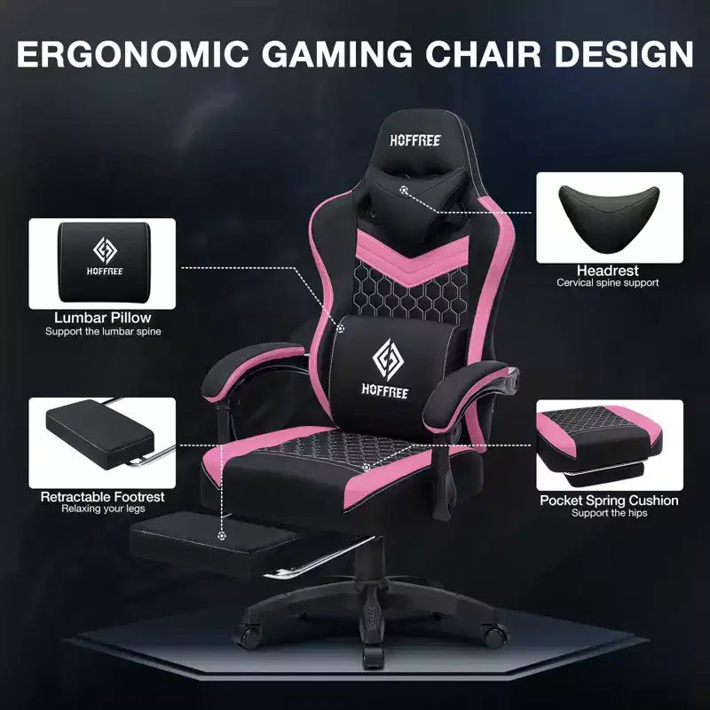 Sedia da gaming Hoffree traspirante con massaggio Sedia da ufficio ergonomica per PC con altoparlante Bluetooth e poggiapiedi