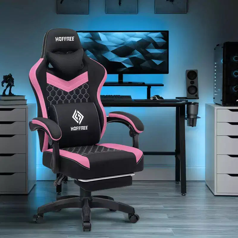 Sedia da gaming Hoffree traspirante con massaggio Sedia da ufficio ergonomica per PC con altoparlante Bluetooth e poggiapiedi