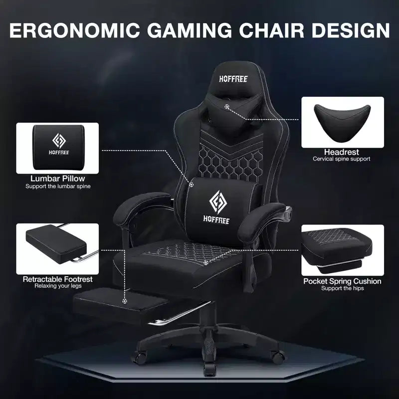 Sedia da gaming Hoffree traspirante con massaggio Sedia da ufficio ergonomica per PC con altoparlante Bluetooth e poggiapiedi