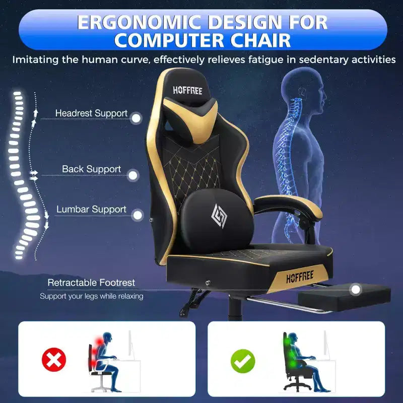 Fauteuil de bureau gaming en cuir Hoffree avec massage, ergonomique, et haut-parleur Bluetooth et repose-pieds