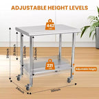 Table de travail robuste en acier inoxydable, table utilitaire à hauteur réglable pour la maison, le garage et la restauration