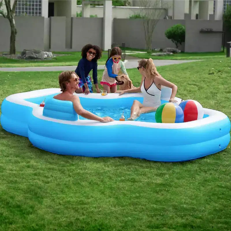 Joyfy 120 x 101 x 26 Inflatable Swimming Pool, Blue Family Pool with Seats Backrest Cup Holder for Kids Family Summer Water Party Backyard Garden Fun