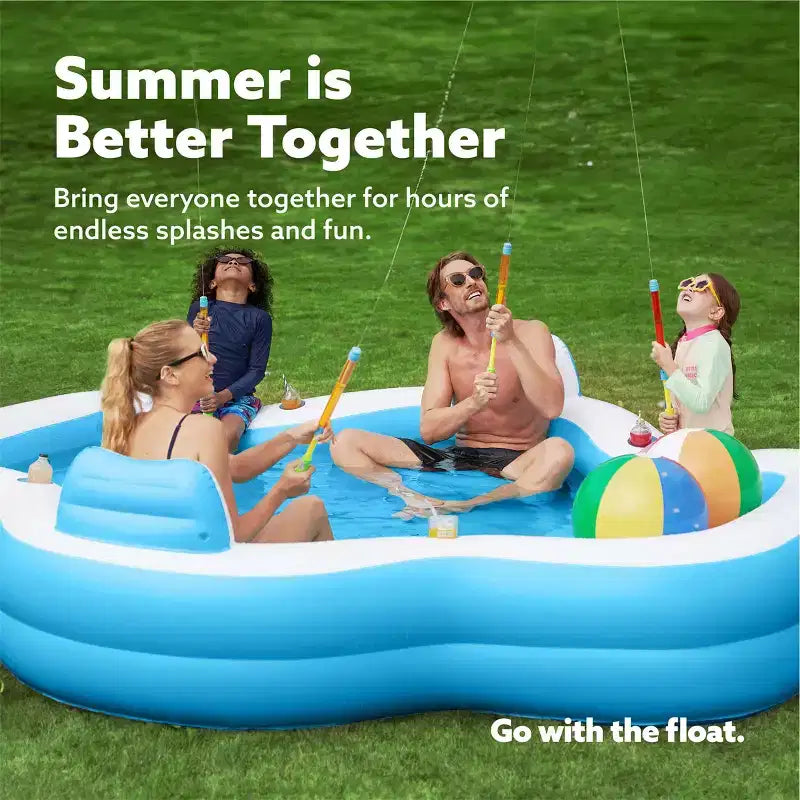 Joyfy 120 x 101 x 26 Piscine Gonflable, Piscine Familiale Bleue avec Sièges, Dossier et Porte-Gobelet pour Enfants, Fête Aquatique Estivale en Famille, Amusement dans le Jardin