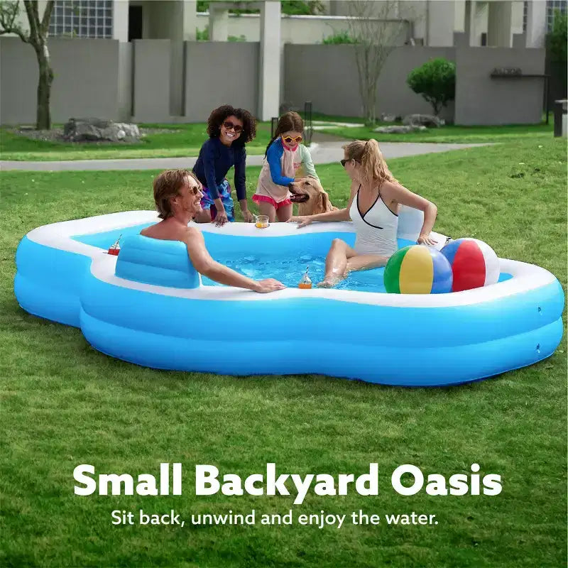 Joyfy 120 x 101 x 26 Piscine Gonflable, Piscine Familiale Bleue avec Sièges, Dossier et Porte-Gobelet pour Enfants, Fête Aquatique Estivale en Famille, Amusement dans le Jardin