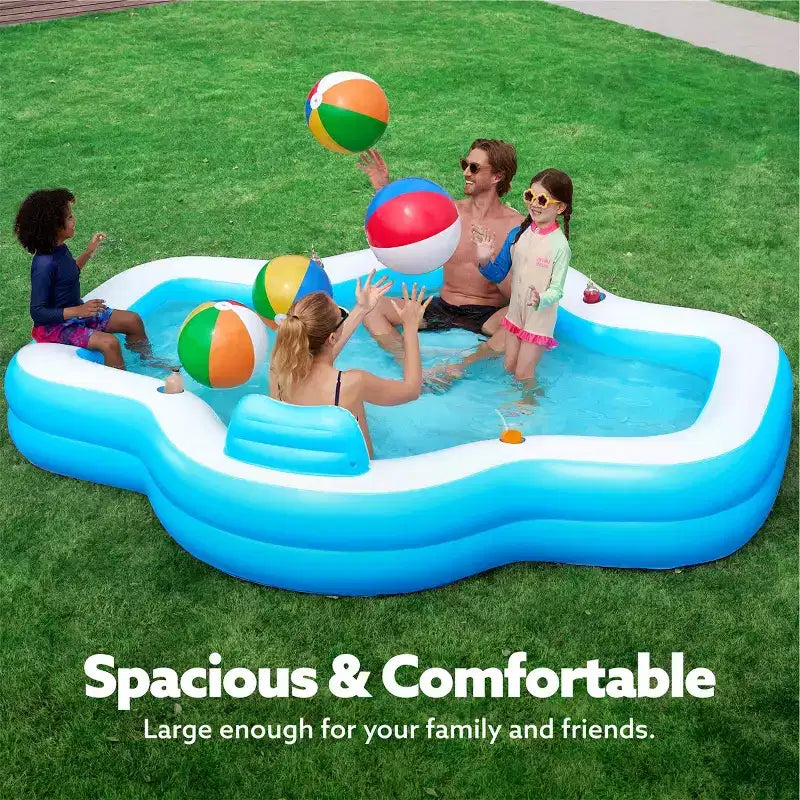 Joyfy 120 x 101 x 26 Piscine Gonflable, Piscine Familiale Bleue avec Sièges, Dossier et Porte-Gobelet pour Enfants, Fête Aquatique Estivale en Famille, Amusement dans le Jardin